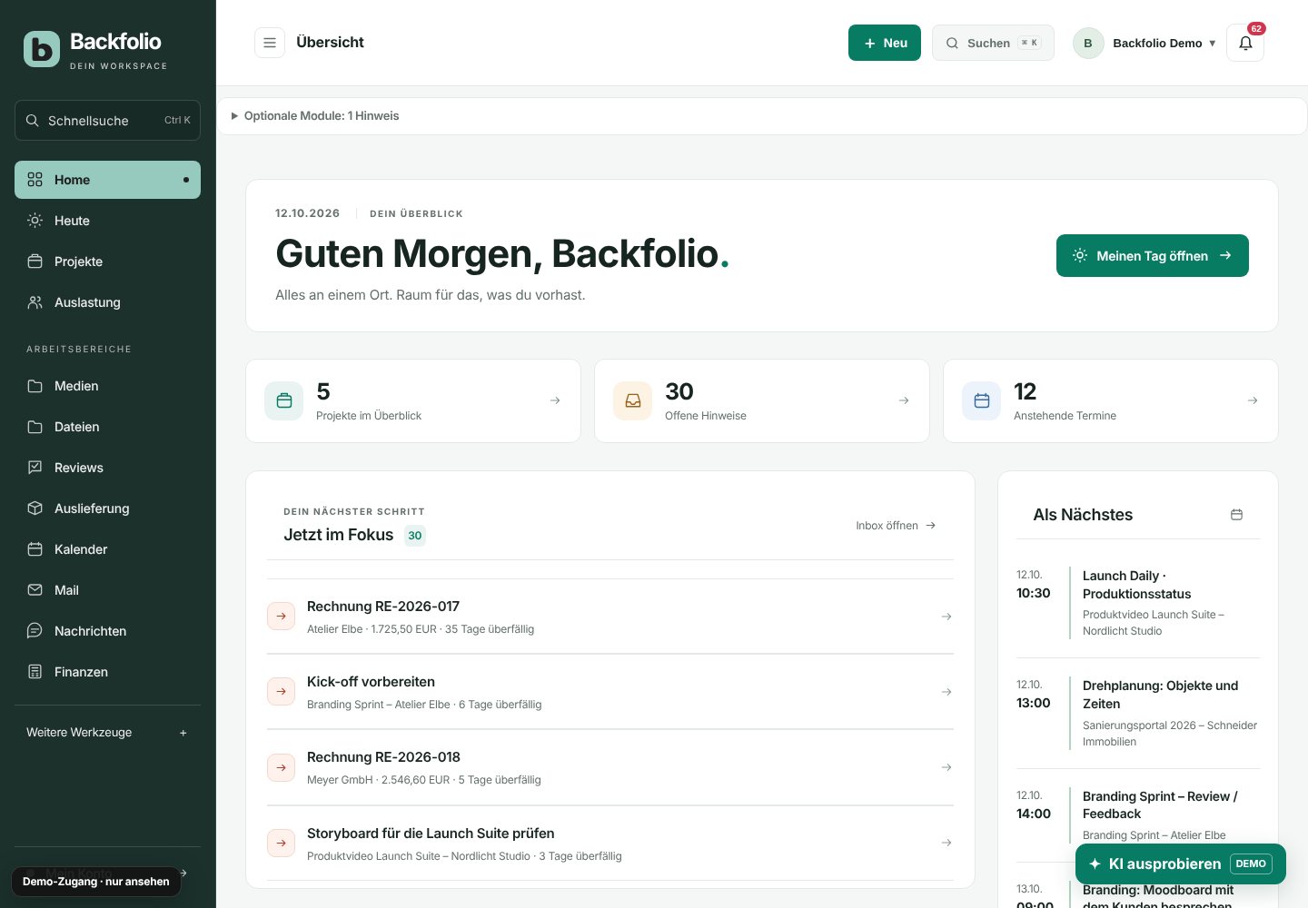 Backfolio-Demo: Dashboard mit Projekten und nächsten Schritten