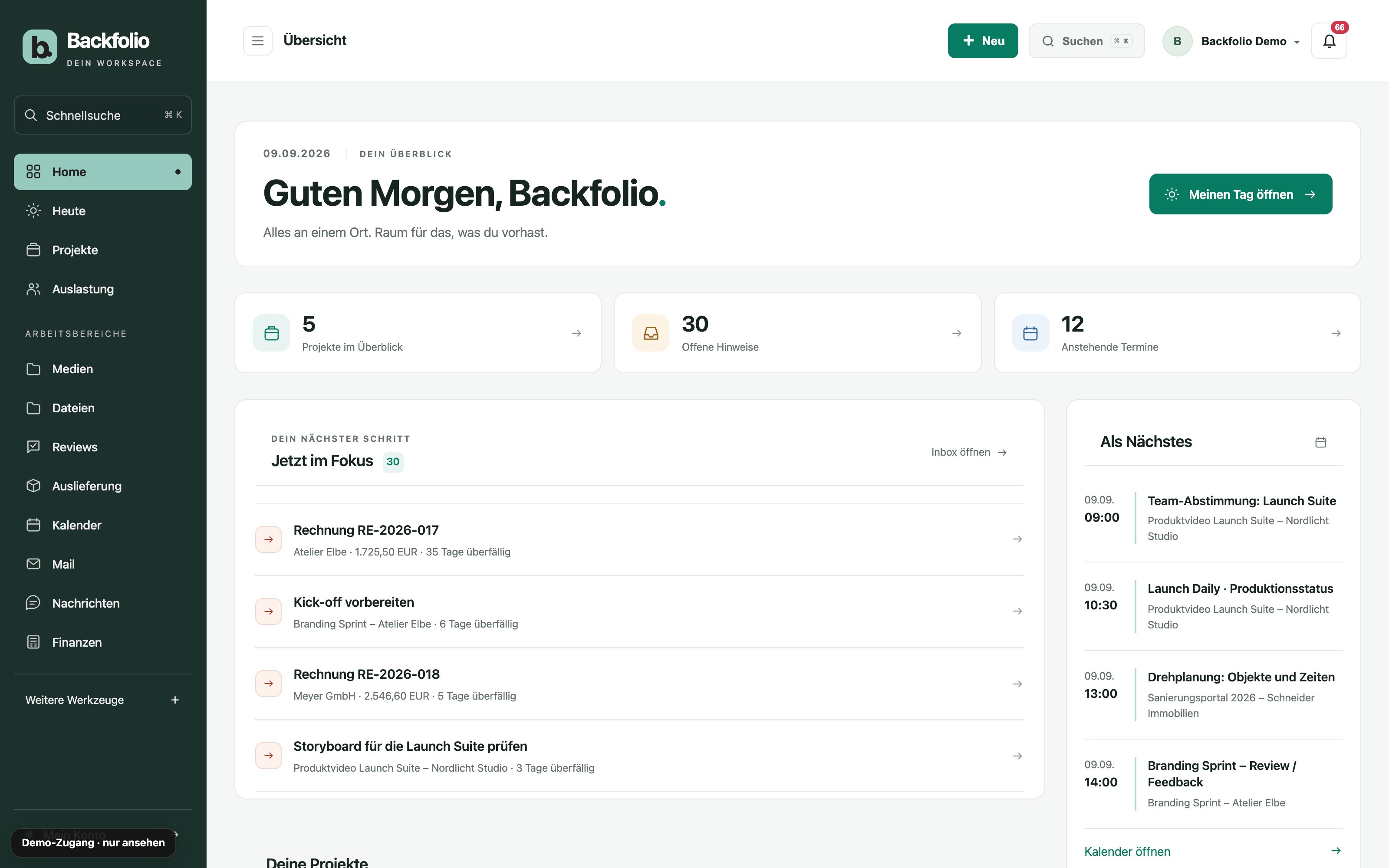 Der Backfolio Workspace mit Projekten, Aufgaben und Terminen